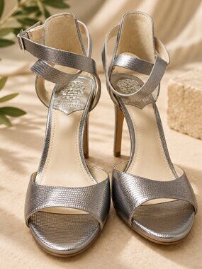 Vince Camuto Silver Metallic Genuine Leather Heels Sandals Size 8.5